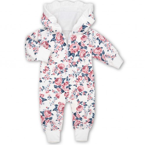 olosomi forma leuki me mple louloudia - babyllama Ολόσωμη φόρμα εξόδου με κουκούλα blue floral - Image 1