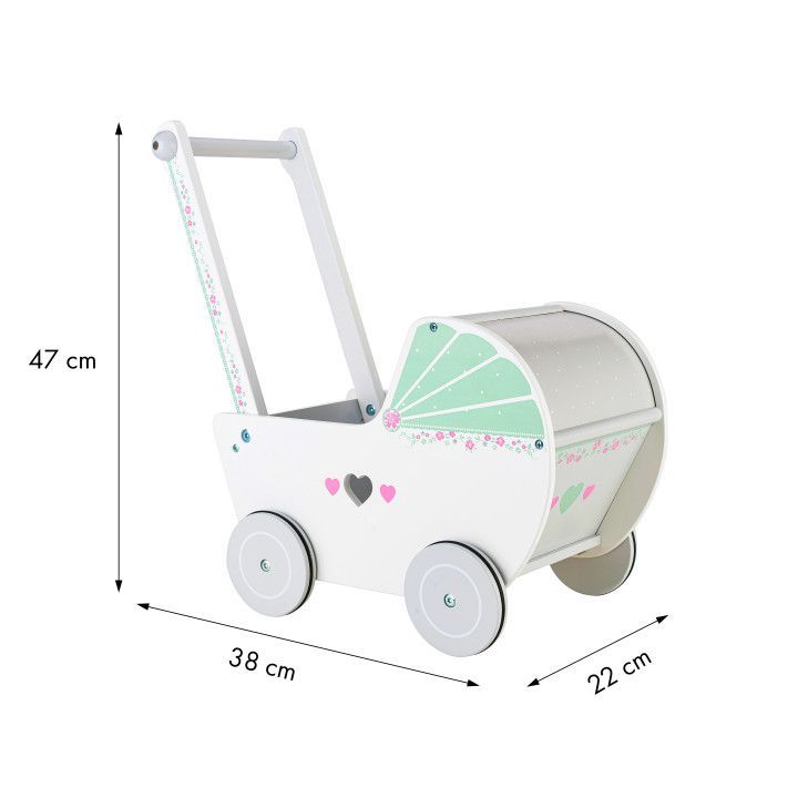 Ksylino karotsaki kouklas aspro3 Ξύλινο καροτσάκι κούκλας με κλινοσκεπάσματα Ecotoys - Image 3