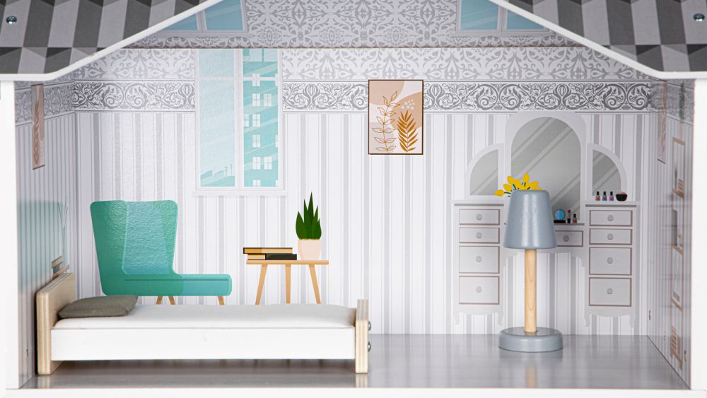 gkri kslylino kouklospito me epipla grace4 Ξύλινο γκρι κουκλόσπιτο με σετ επίπλων Ecotoys - Image 5