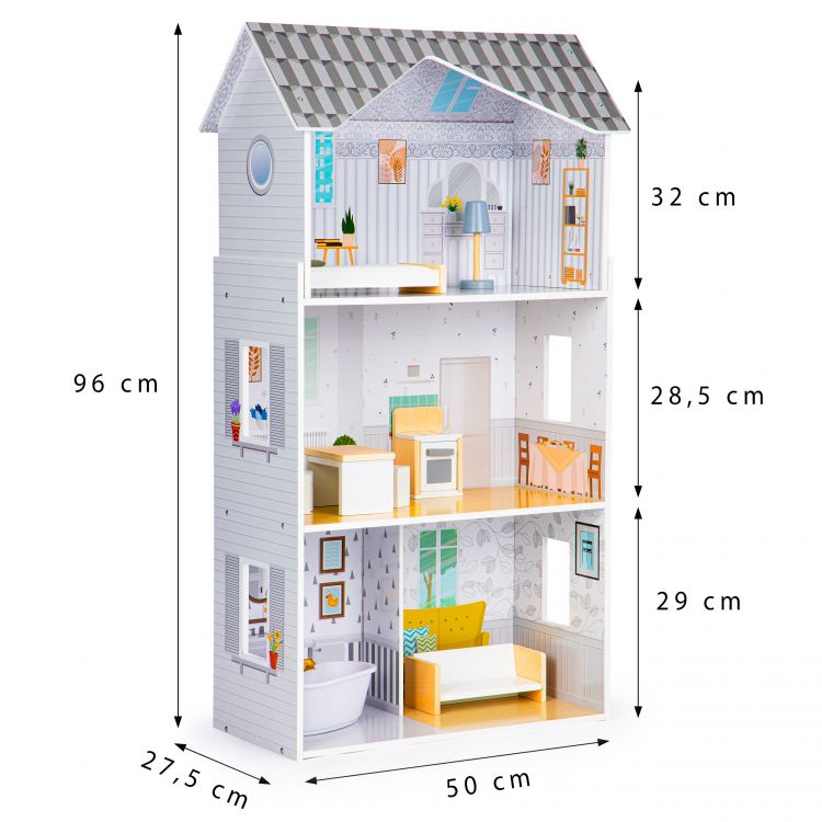 gkri kslylino kouklospito me epipla grace6 Ξύλινο γκρι κουκλόσπιτο με σετ επίπλων Ecotoys - Image 7