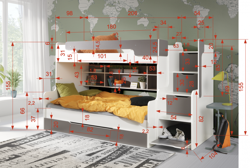 Harry - dimensions - grey HARRY Κουκέτα με Βιβλιοθήκη και Συρτάρια - Image 3