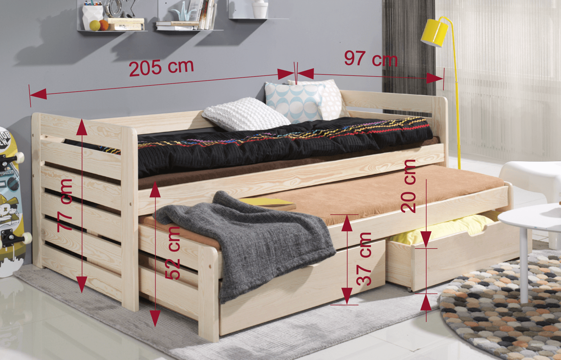 Tomasz90x200 Tomas 2 ατόμων Παιδικό κρεβάτι ΜΑΣΙΦ με συρόμενο - Image 5