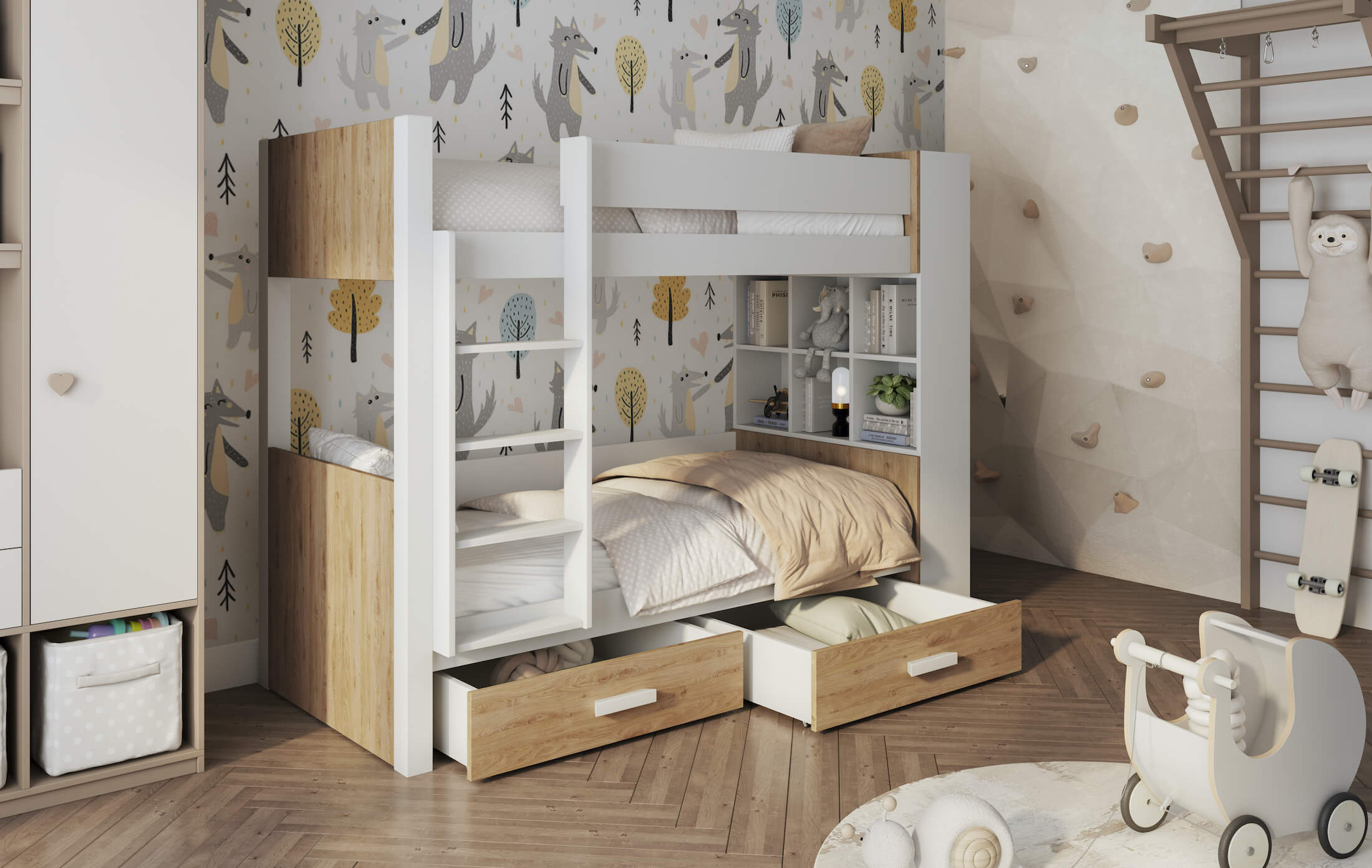 gaspar-bialy-dab-shetland GASPAR Κουκέτα με Συρτάρια και Βιβλιοθήκη - Image 1