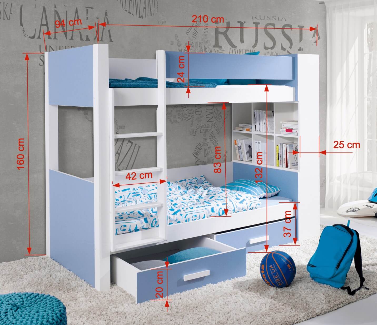 gaspar-wymiary GASPAR Κουκέτα με Συρτάρια και Βιβλιοθήκη - Image 2