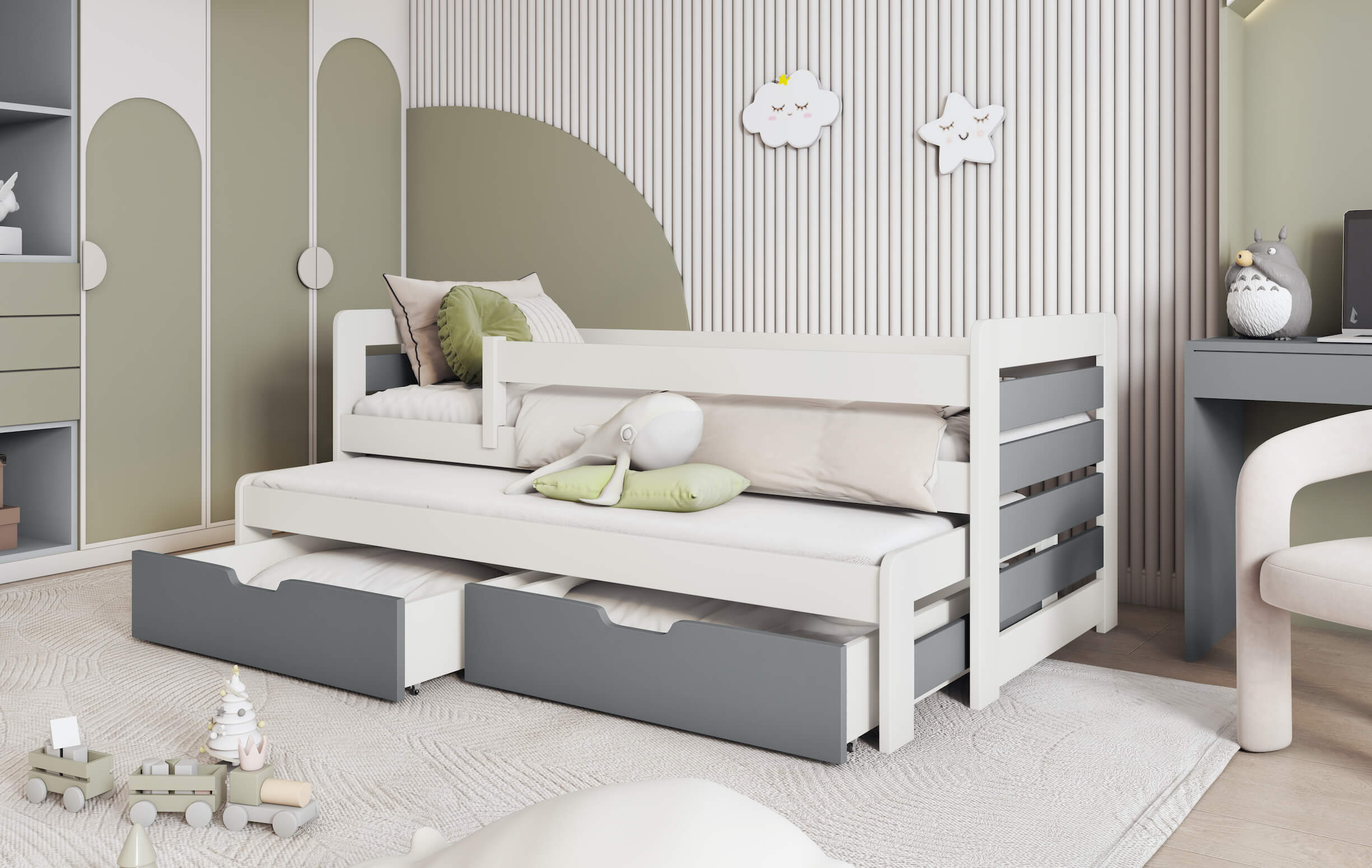 tomasz-ii-bialy-szary Tomas 2 ατόμων Παιδικό κρεβάτι ΜΑΣΙΦ με συρόμενο - Image 2
