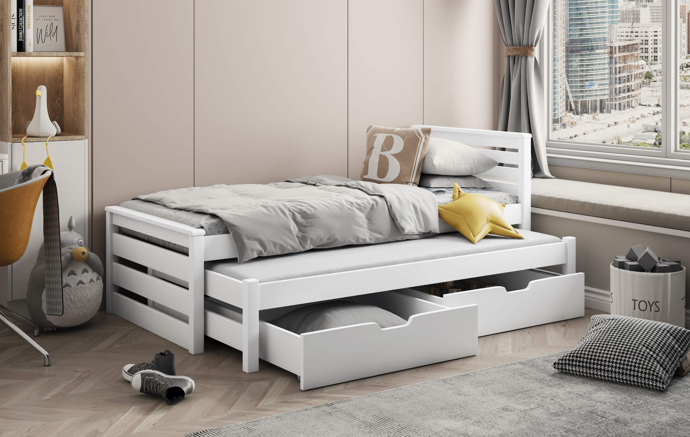 calwin-bialy Calwin 2 ατόμων Παιδικό κρεβάτι ΜΑΣΙΦ με συρόμενο - Image 2