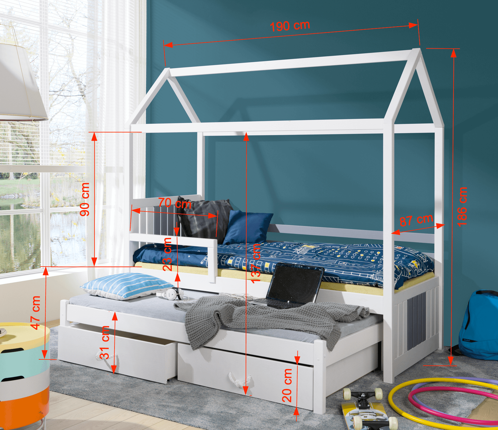 jonas-ii-dimensions Jonas 2 ατόμων Σπιτάκι Παιδικό κρεβάτι ΜΑΣΙΦ με συρόμενο - Image 3