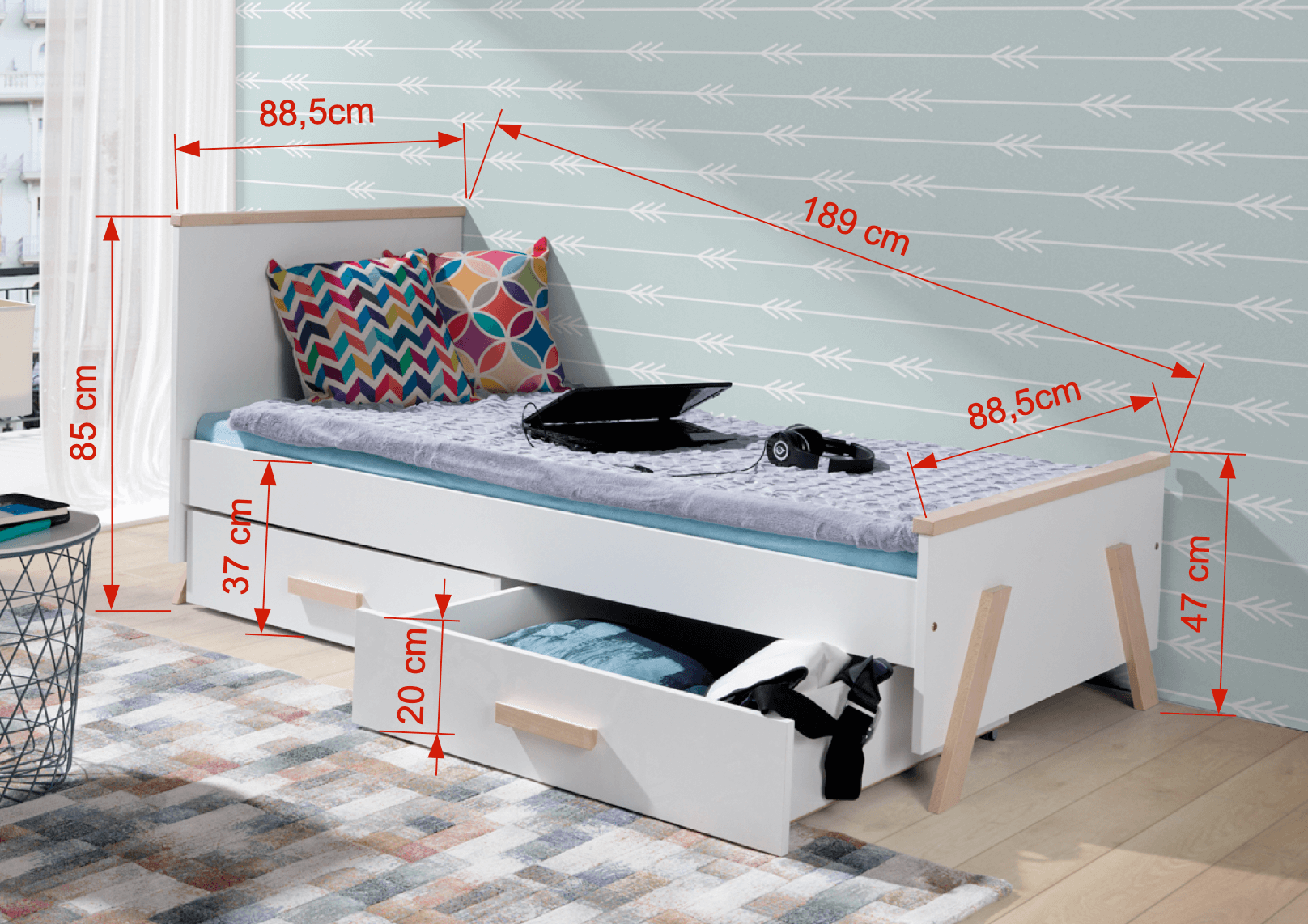 kora-80-180-wymiary Kora - Κρεβάτι Μονό με Συρτάρια - Image 3