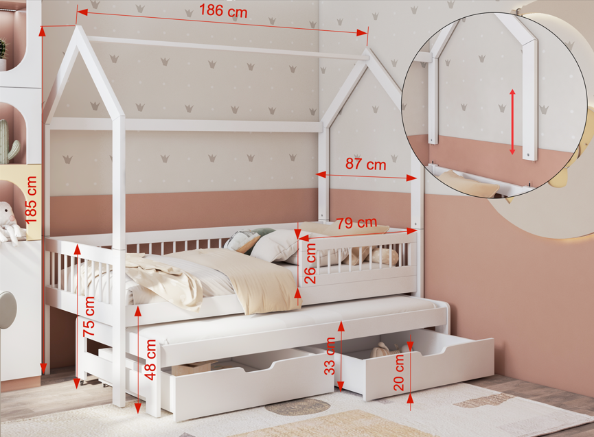 Asher II diastaseis 180x80 Asher 2 ατόμων Σπιτάκι κρεβάτι ΜΑΣΙΦ με συρόμενο και Αφαιρούμενη σκεπή - Image 2