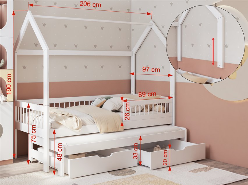 Asher II diastaseis 200x90 Asher 2 ατόμων Σπιτάκι κρεβάτι ΜΑΣΙΦ με συρόμενο και Αφαιρούμενη σκεπή - Image 3