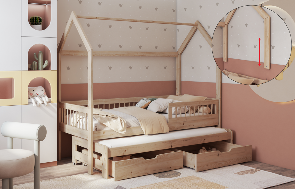 Asher II fysiko ksilo Asher 2 ατόμων Σπιτάκι κρεβάτι ΜΑΣΙΦ με συρόμενο και Αφαιρούμενη σκεπή - Image 1