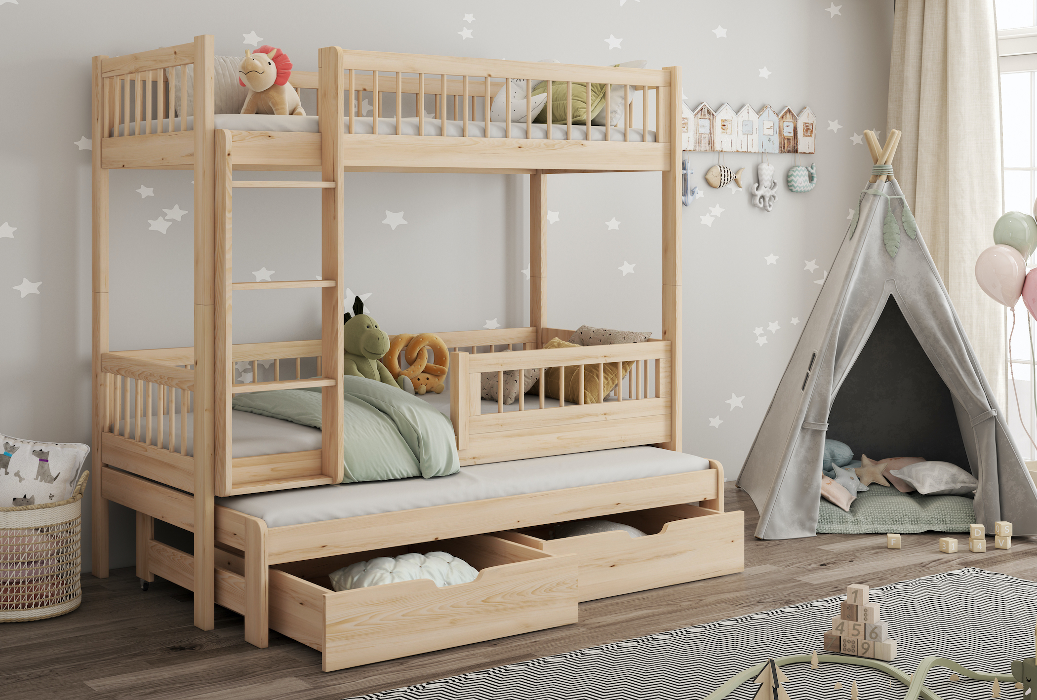 evan-fysiko ksilo Evan 3 Κουκέτα για 3 παιδιά - Image 1