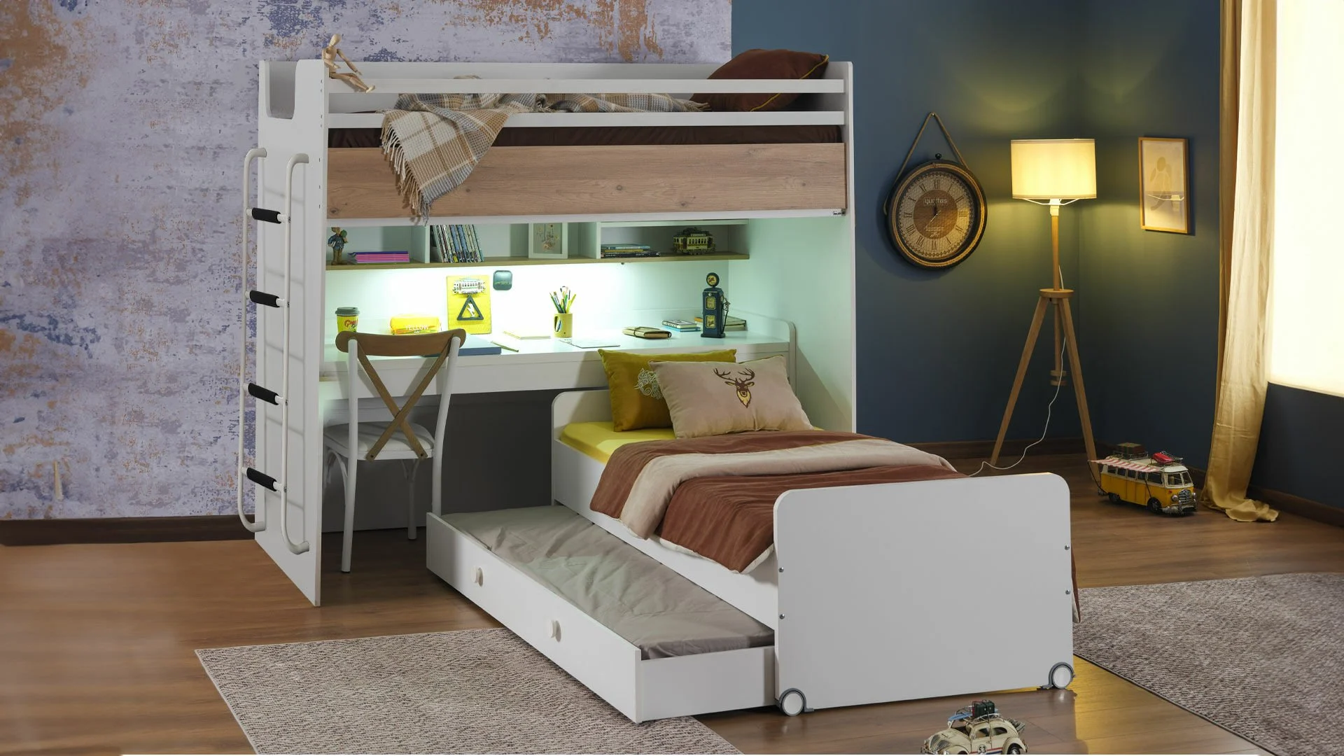 joker-ceviz JOKER Πολυμορφική Παιδική Κουκέτα Λευκή / Φυσικό για στρώματα 200×100 με μεταλλική σκάλα - Image 1