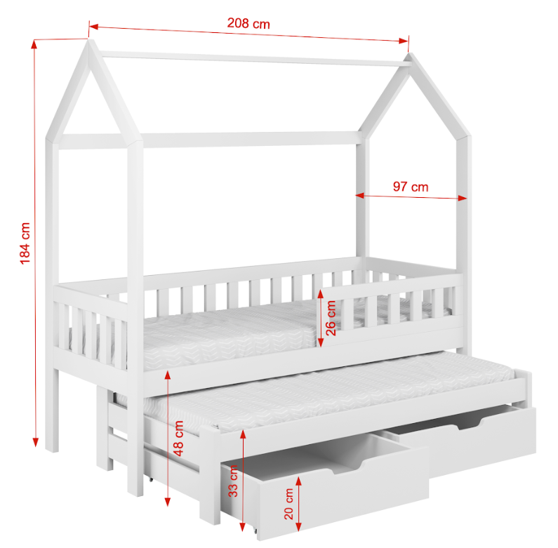 Tymon 200x90 dimensions Tymon 2 ατόμων Σπιτάκι κρεβάτι ΜΑΣΙΦ με Αφαιρούμενη σκεπή και συρόμενο - Image 3