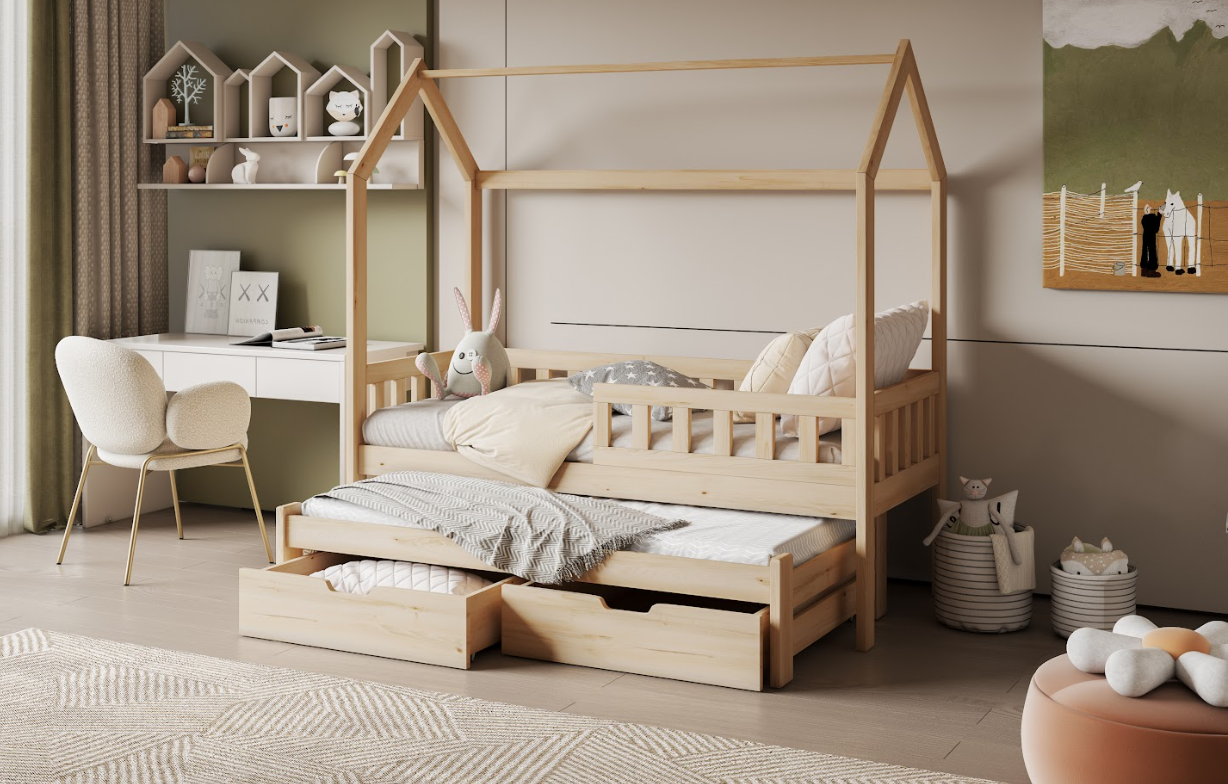 Tymon fysiko ksilo Tymon 2 ατόμων Σπιτάκι κρεβάτι ΜΑΣΙΦ με Αφαιρούμενη σκεπή και συρόμενο - Image 1