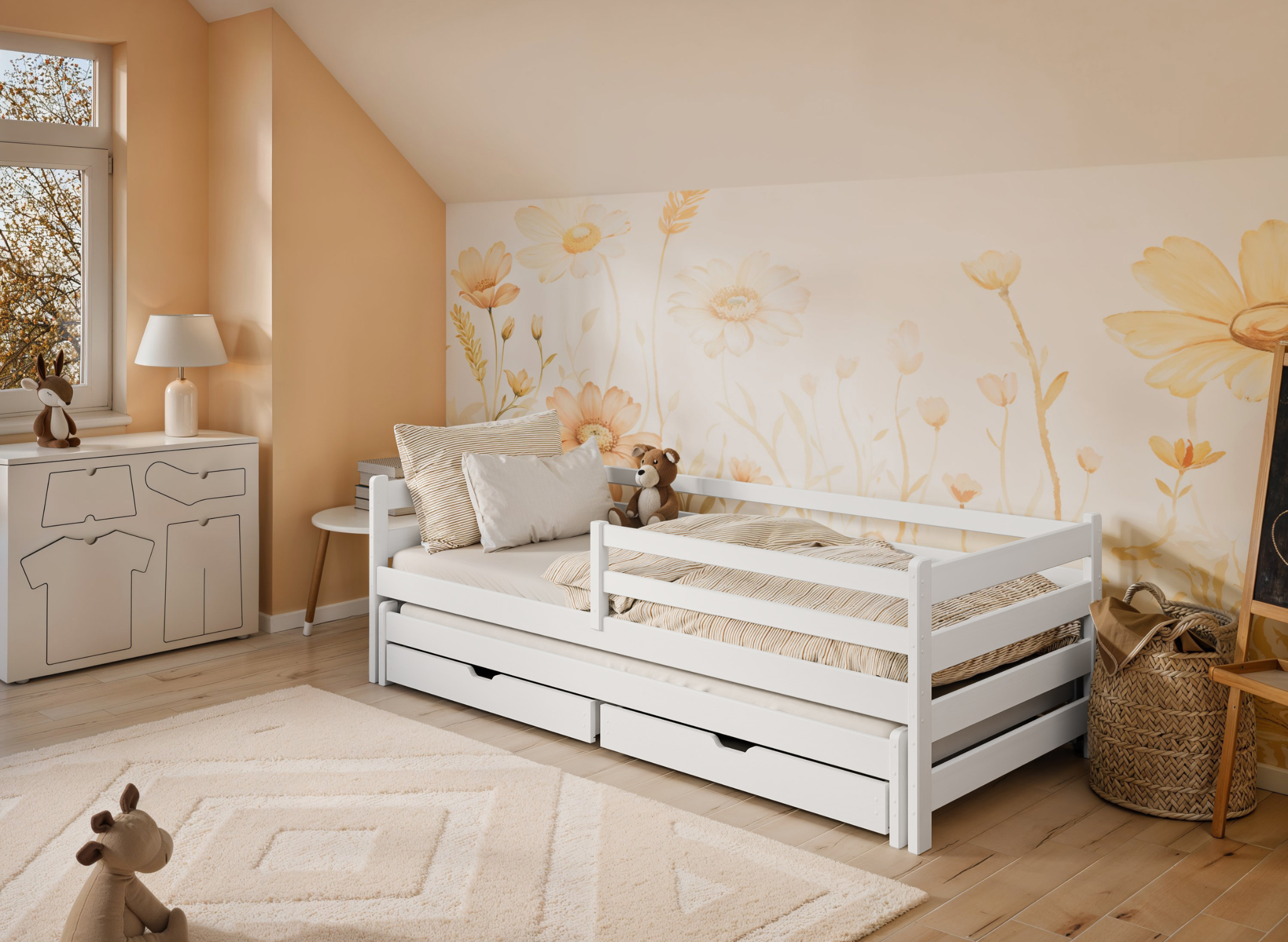 habi1 Habi 2 ατόμων κρεβάτι ΜΑΣΙΦ με συρόμενο 200x90 Λευκό - Image 1