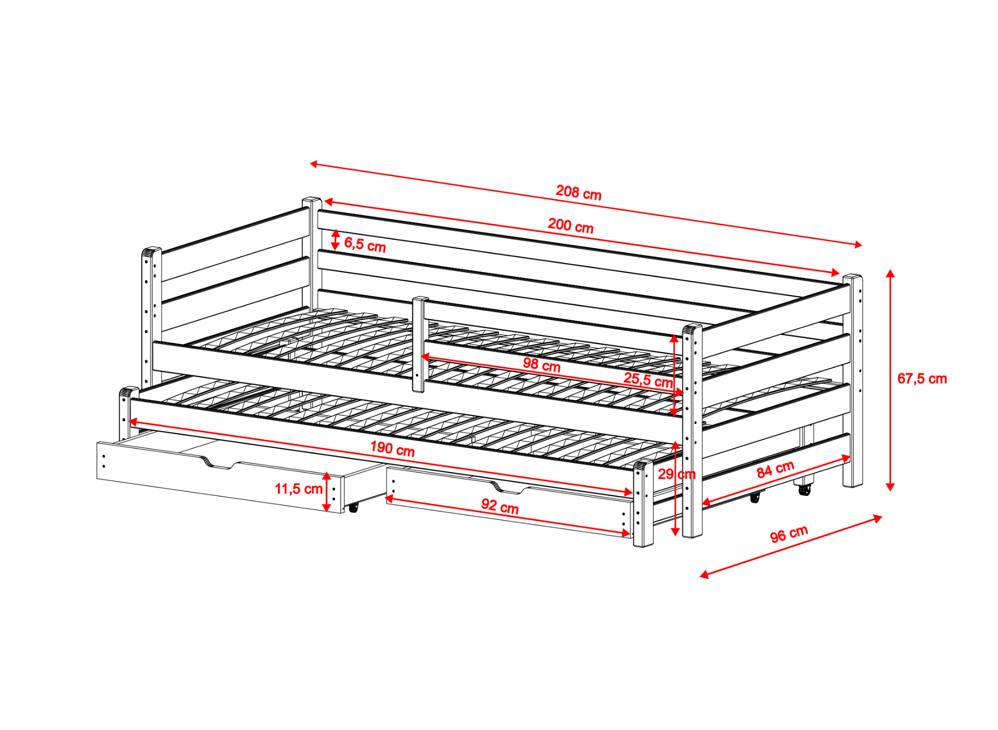 habi2 Habi 2 ατόμων κρεβάτι ΜΑΣΙΦ με συρόμενο 200x90 Λευκό - Image 2