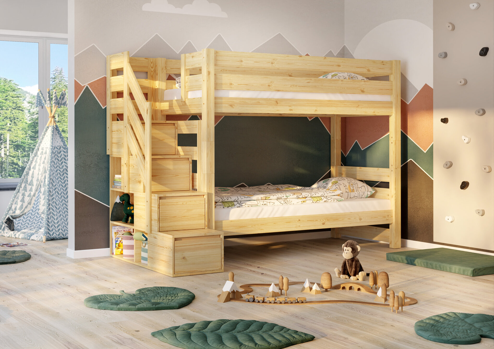 lozko-do-pokoju-dzieciecego-ze-schodkami EVEREST Κουκέτα ΜΑΣΙΦ για στρώματα 200×90 με Σκαλοπάτια (ΧΩΡΙΣ ΣΚΕΠΗ) - Image 1