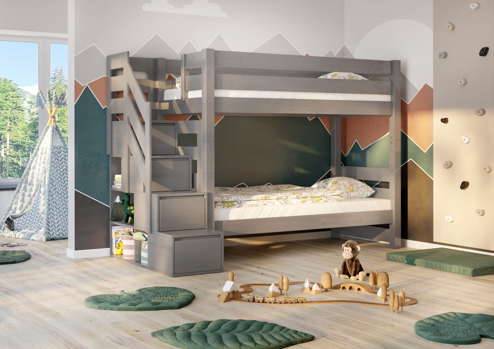 lozko-pietrowe-do-pokoju-dla-dzieci-szare EVEREST Κουκέτα ΜΑΣΙΦ για στρώματα 200×90 Γκρι (ΧΩΡΙΣ ΣΚΕΠΗ) με Σκαλοπάτια - Image 1