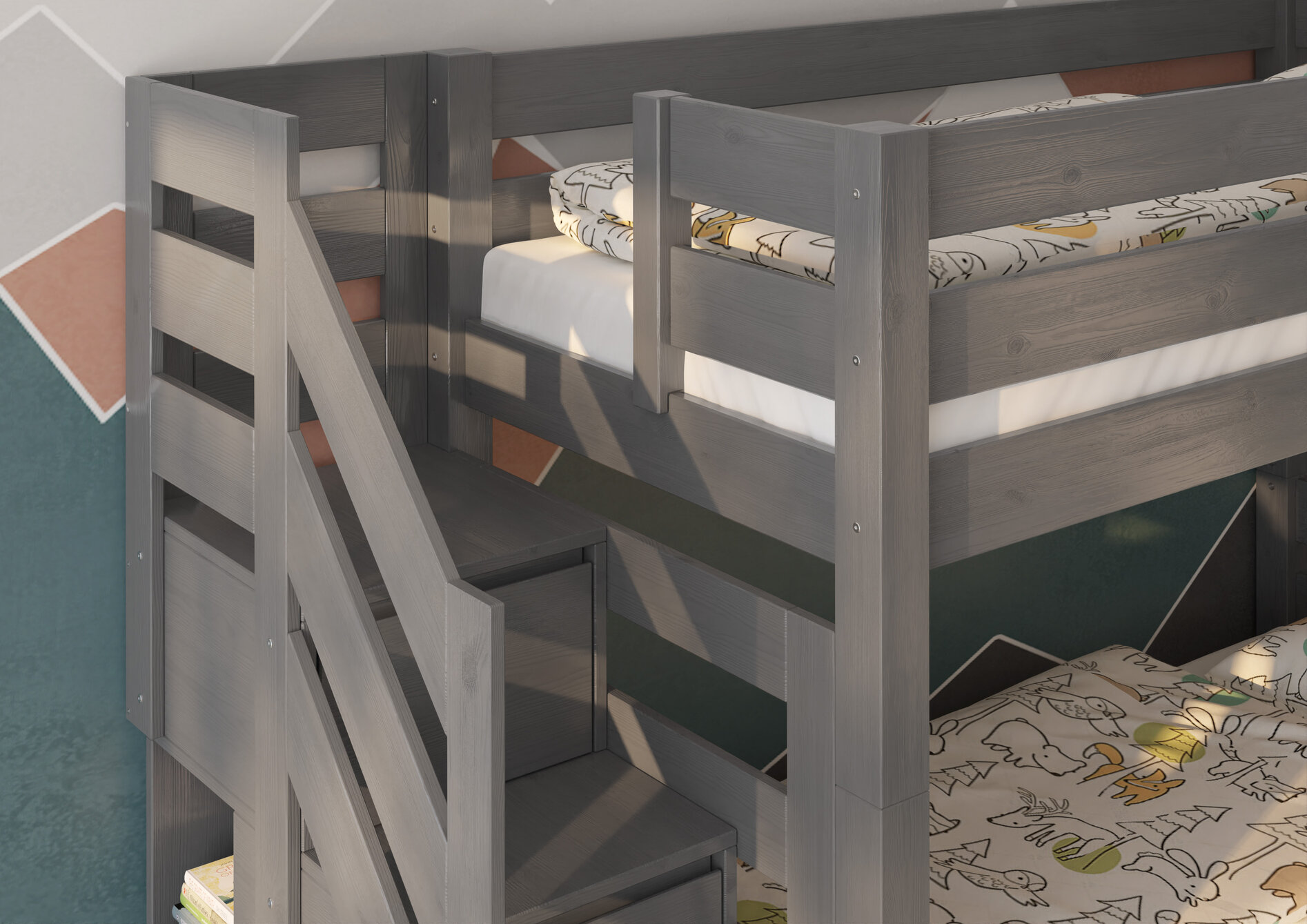 sosnowe-lozko-dla-dzieci-w-kolorze-szarym EVEREST Κουκέτα ΜΑΣΙΦ για στρώματα 200×90 Γκρι (ΧΩΡΙΣ ΣΚΕΠΗ) με Σκαλοπάτια - Image 10