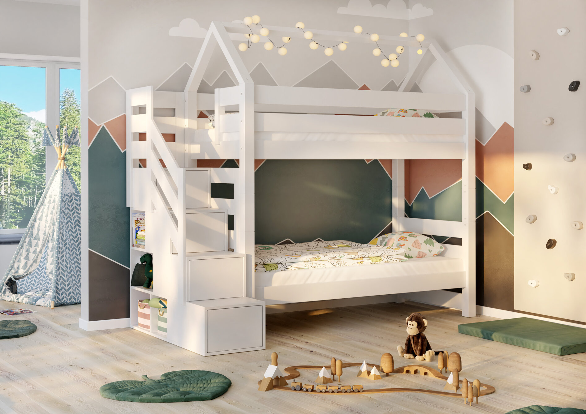 sosnowe-lozko-z-daszkiem-dla-dzieci (1) EVEREST Κουκέτα ΜΑΣΙΦ για στρώματα 200×90 με Σκαλοπάτια (ΧΩΡΙΣ ΣΚΕΠΗ) Λευκή - Image 6