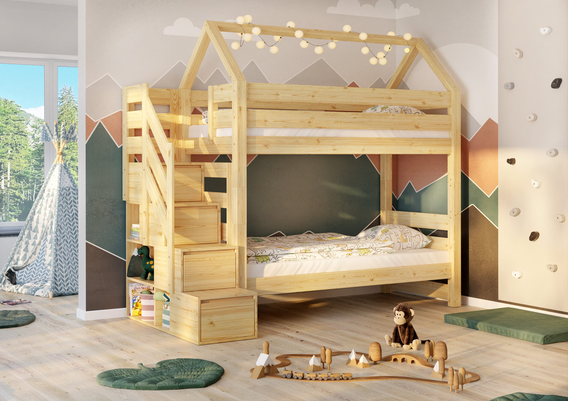 sosnowe-lozko-z-daszkiem-ze-schodkami-bocznymi EVEREST Κουκέτα ΜΑΣΙΦ για στρώματα 200×90 με Σκαλοπάτια - Image 1