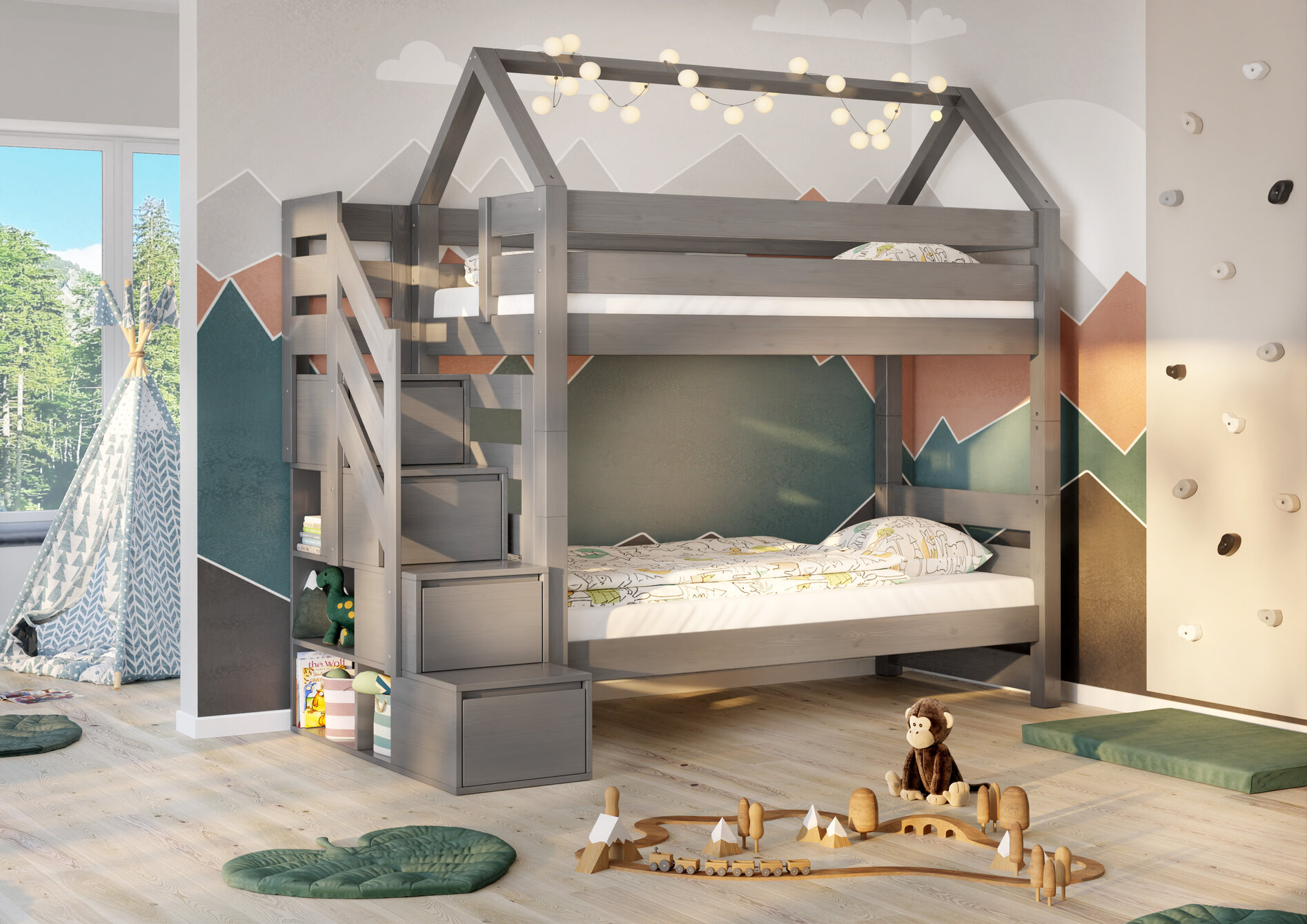 szare-lozko-dla-dszieci-ze-schodkami-bocznymi EVEREST Κουκέτα ΜΑΣΙΦ για στρώματα 200×90 Γκρι (ΧΩΡΙΣ ΣΚΕΠΗ) με Σκαλοπάτια - Image 8