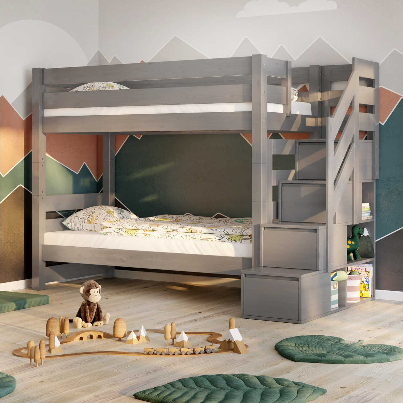 szare-lozko-pietrowe-dla-dzieci-ze-schodkami EVEREST Κουκέτα ΜΑΣΙΦ για στρώματα 200×90 με Σκαλοπάτια Γκρι - Image 2