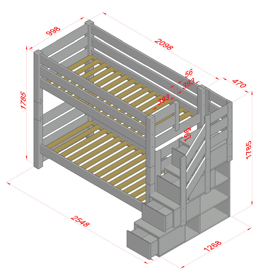 wymiary-lozka-pieterko (1) EVEREST Κουκέτα ΜΑΣΙΦ για στρώματα 200×90 Γκρι (ΧΩΡΙΣ ΣΚΕΠΗ) με Σκαλοπάτια - Image 12