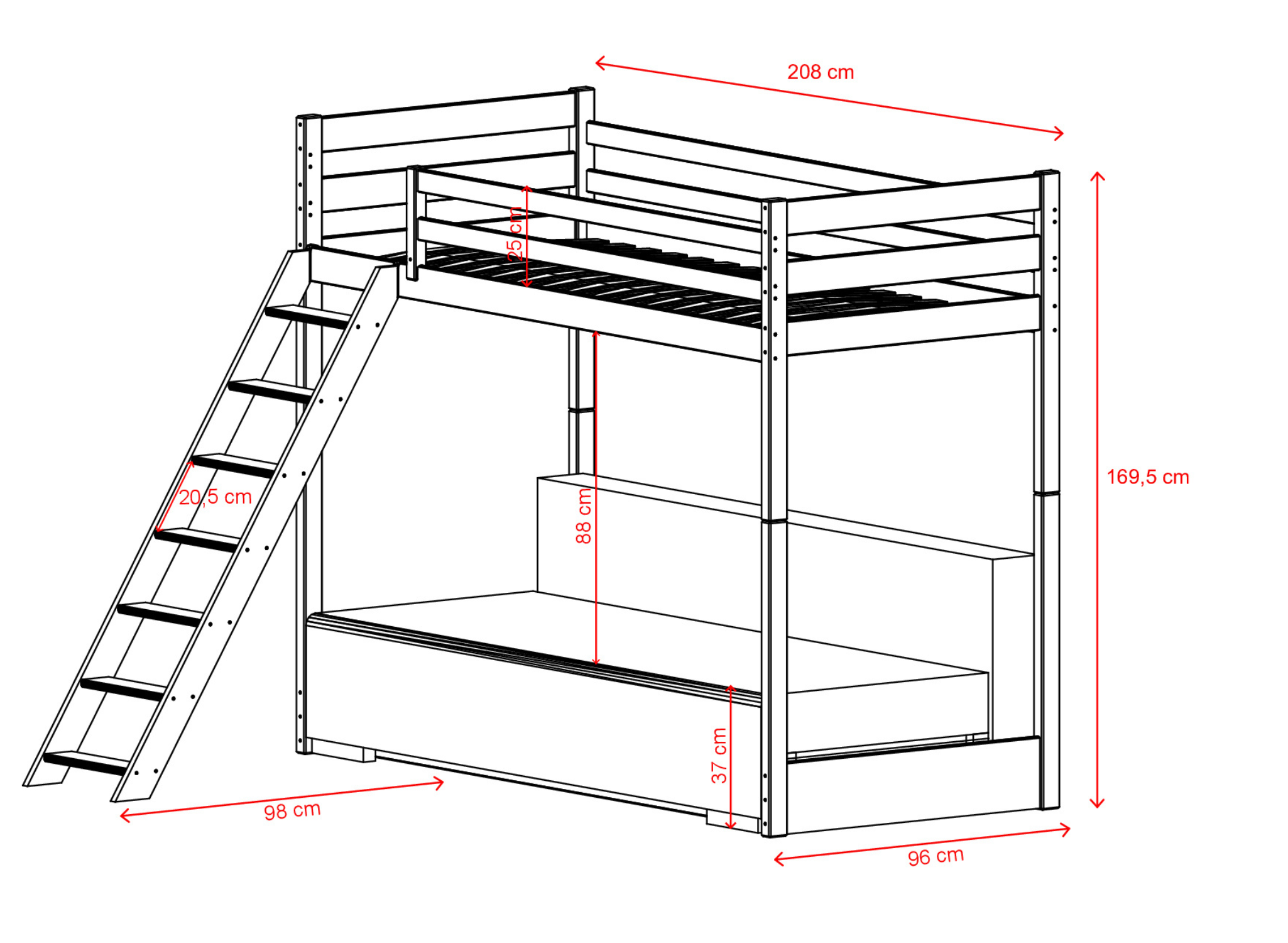 sofino-lozko-pietrowe-rysunek-techiniczny-wymiary-lano-meble-1 SOFINO Κουκέτα ΜΑΣΙΦ για 2 Άτομα με καναπέ κρεβάτι - Image 5