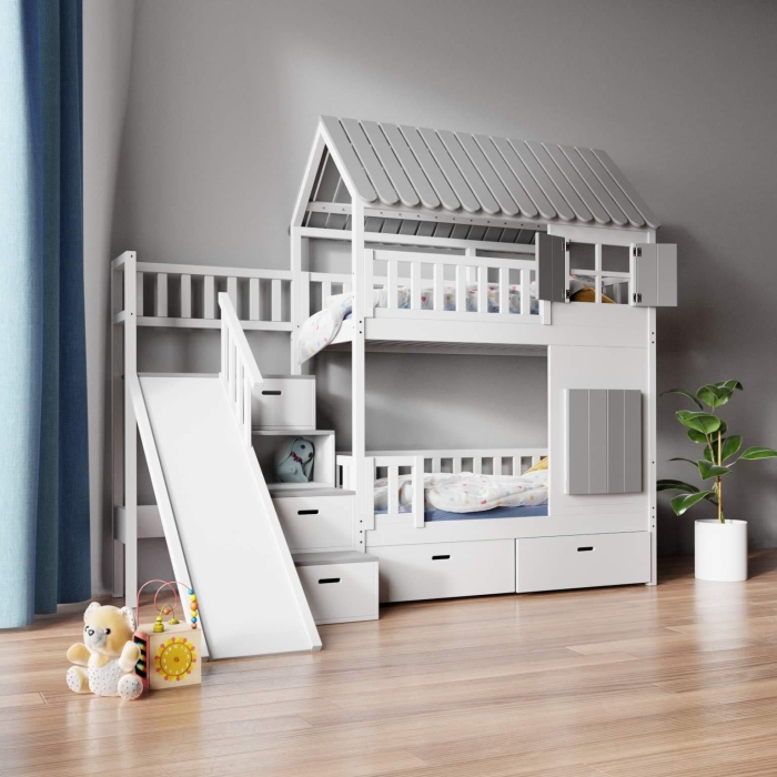 700px_pelnydachzjezdzalniaszare IVI Κουκέτα με ενιαία σκεπή, σκαλοπάτια και τσουλήθρα ΜΑΣΙΦ ξύλο - Image 2