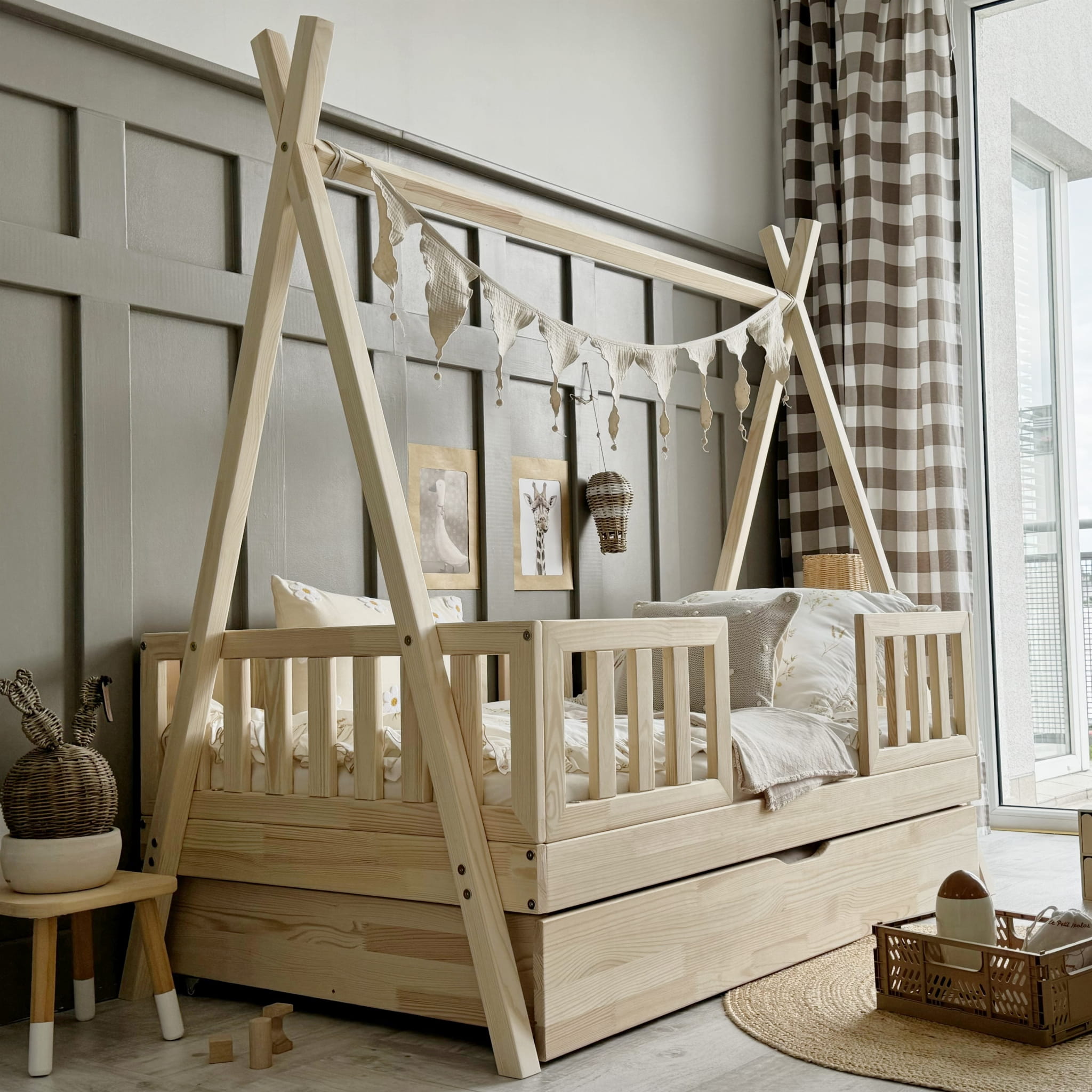 4340 Tipi DUO PLUS with fence rail παιδικό κρεβάτι φυσικό ξύλο μασίφ με συρτάρι / δεύτερο κρεβάτι - Image 1