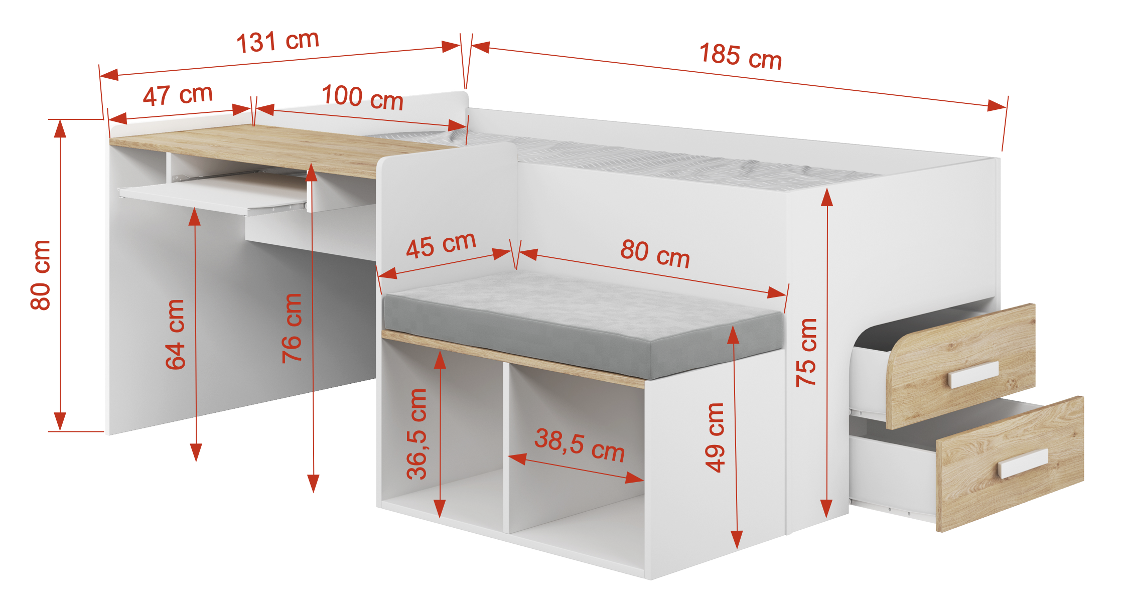 megan-18080-wymiary MEGAN Παιδικό κρεβάτι με γραφείο - Image 2