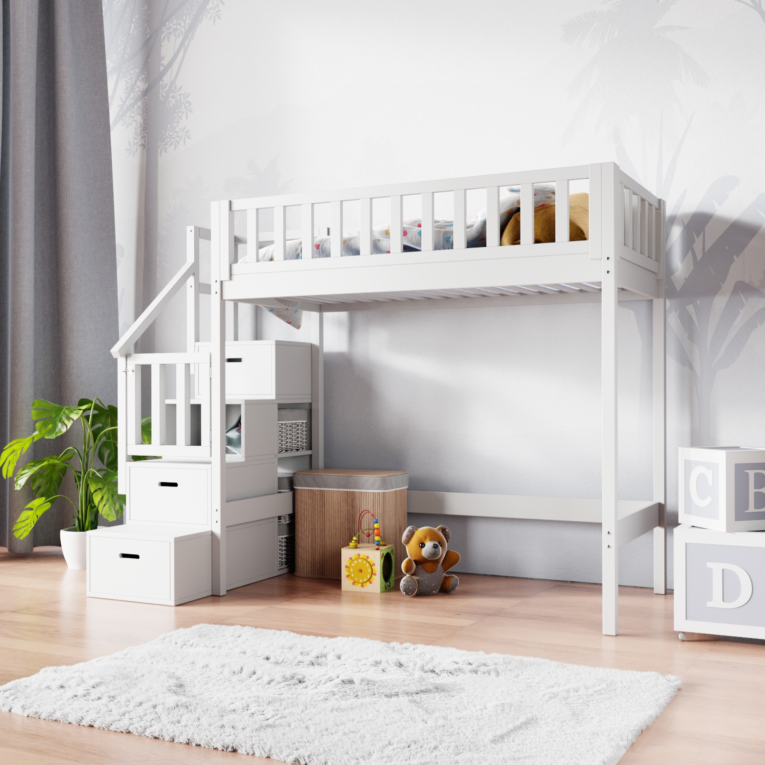 białe łóżko na antresoli z schodkami IVI Κουκέτα Loft με σκαλοπάτια ΜΑΣΙΦ ξύλο - Image 4