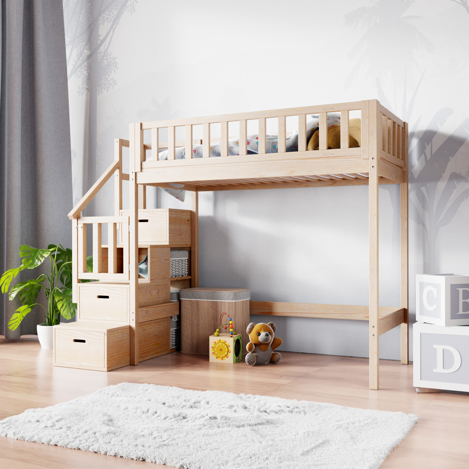 naturalne łóżko na antresoli z schodkami IVI Κουκέτα Loft με σκαλοπάτια ΜΑΣΙΦ ξύλο - Image 3