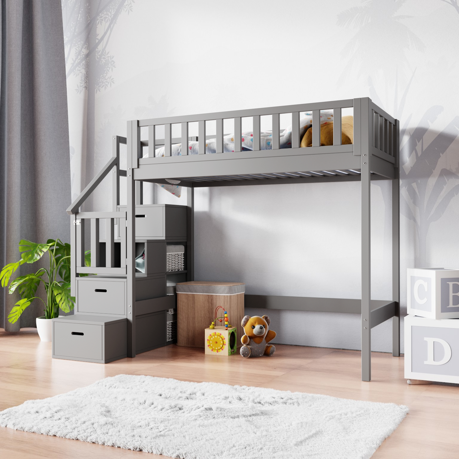 szare łóżko na antresoli z schodkami IVI Κουκέτα Loft με σκαλοπάτια ΜΑΣΙΦ ξύλο - Image 5