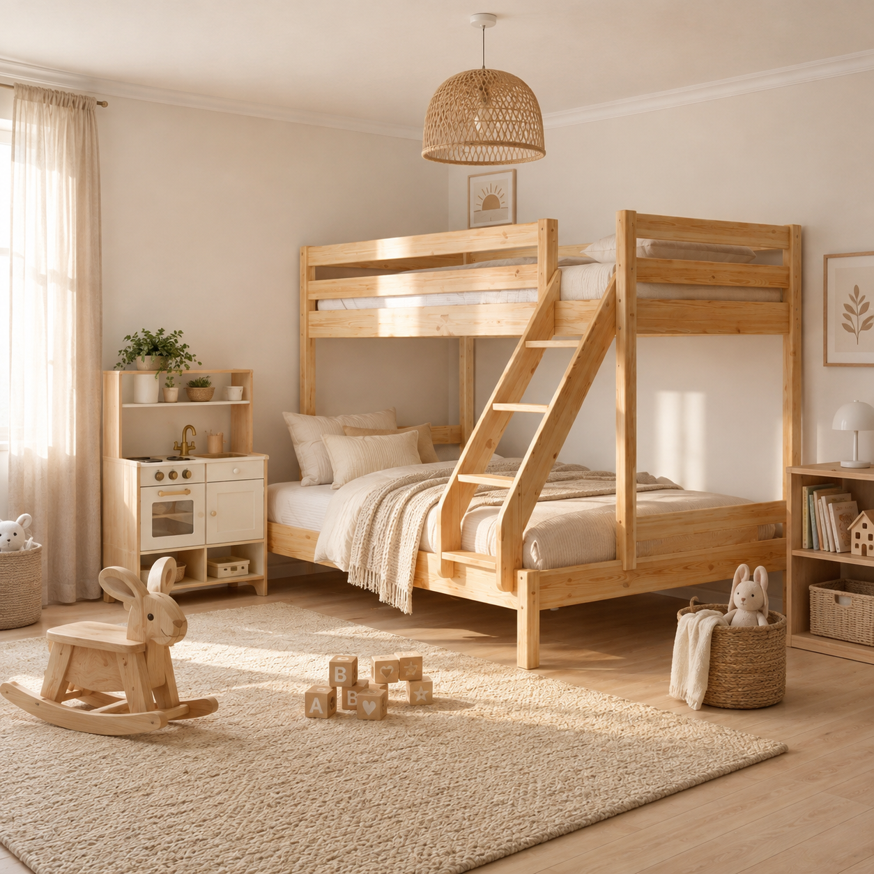 Everest new natural Everest – Ημίδιπλη Κουκέτα Μασίφ Πεύκο 3 ατόμων 140X200 + 90X200 εκ. με συρόμενο έξτρα κρεβάτι - Image 1