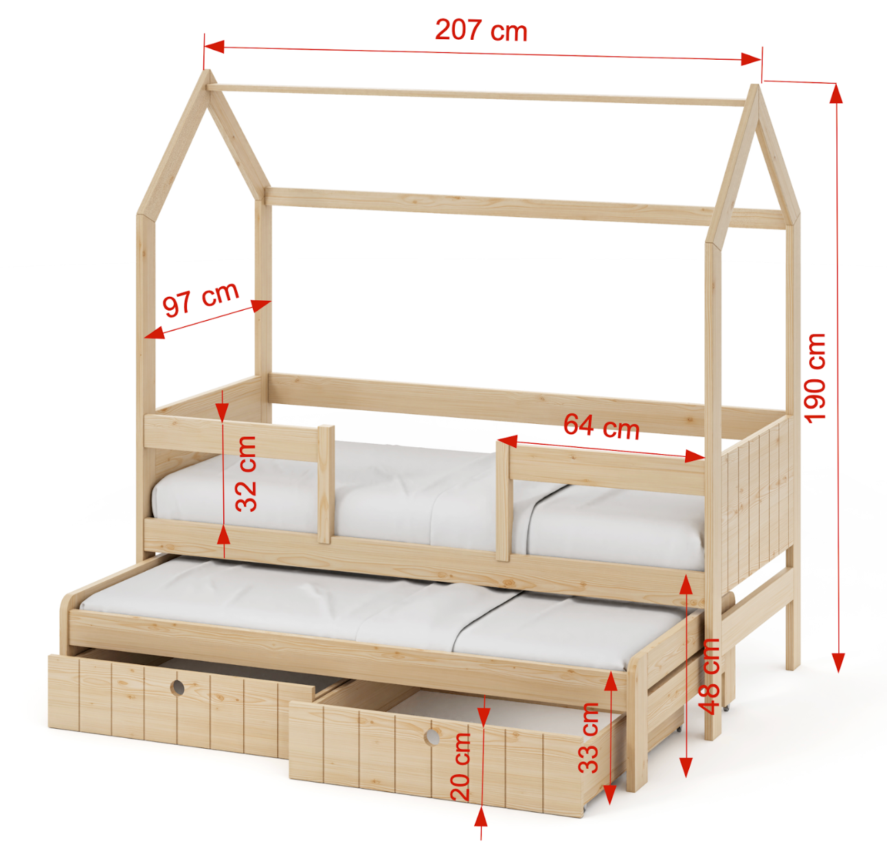 Nolan diastaseis 200x90 Nolan 2 ατόμων Σπιτάκι κρεβάτι ΜΑΣΙΦ με συρόμενο και Αφαιρούμενη σκεπή - Image 3