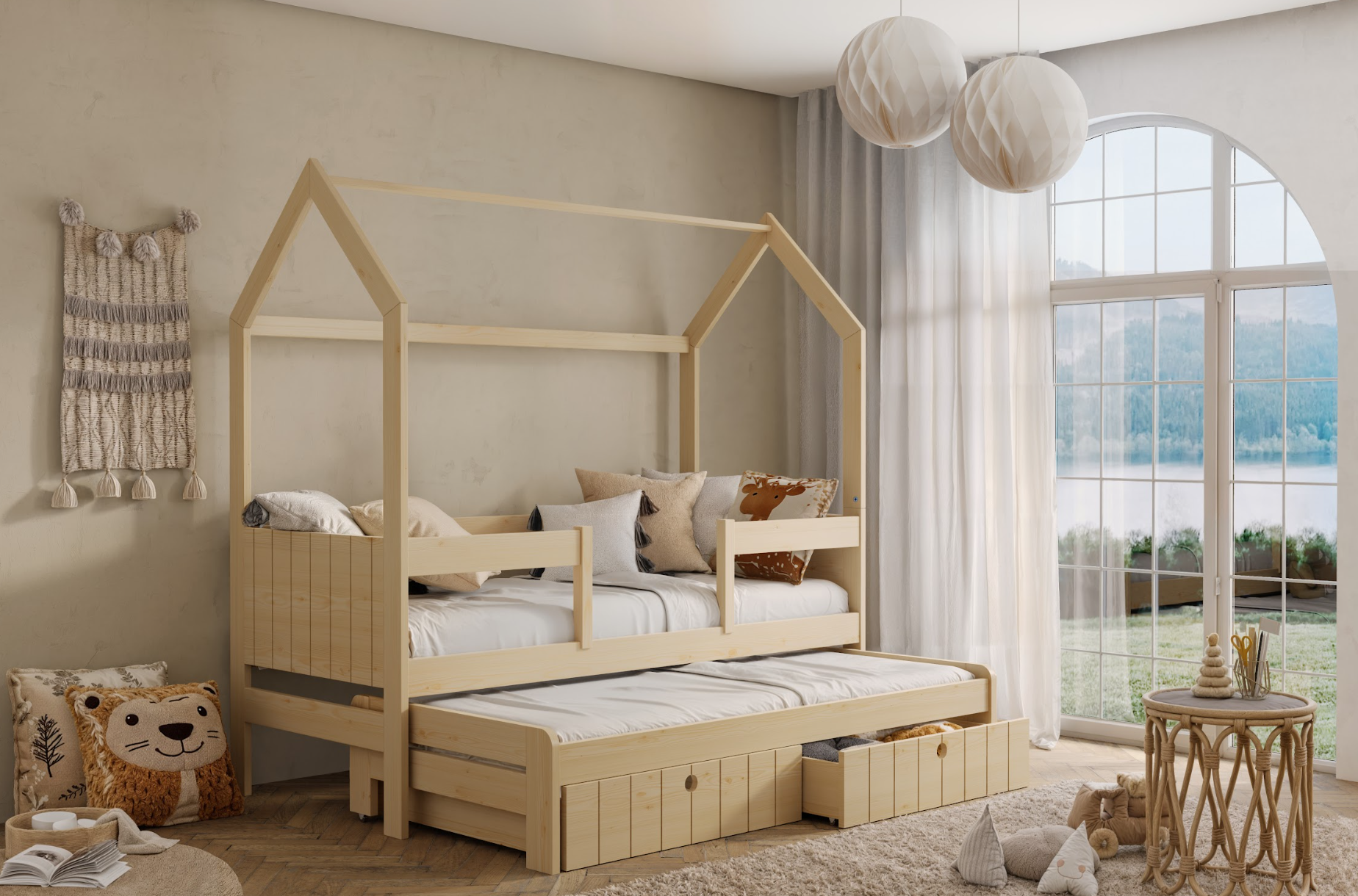 Nolan fysiko ksilo Nolan 2 ατόμων Σπιτάκι κρεβάτι ΜΑΣΙΦ με συρόμενο και Αφαιρούμενη σκεπή - Image 1