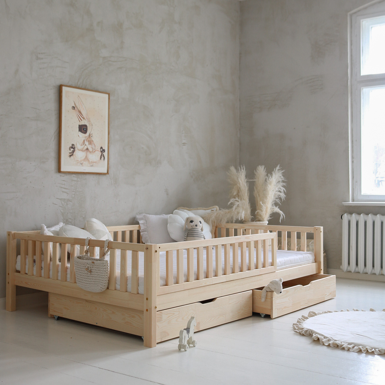 Basic-Love-Plus-with-railing-natural-2-drawers-with-storage-function-fast-shipping Basic Love Plus Natural κρεβάτι Montessori με αποθηκευτικό χώρο (γρήγορη παράδοση) - Image 1