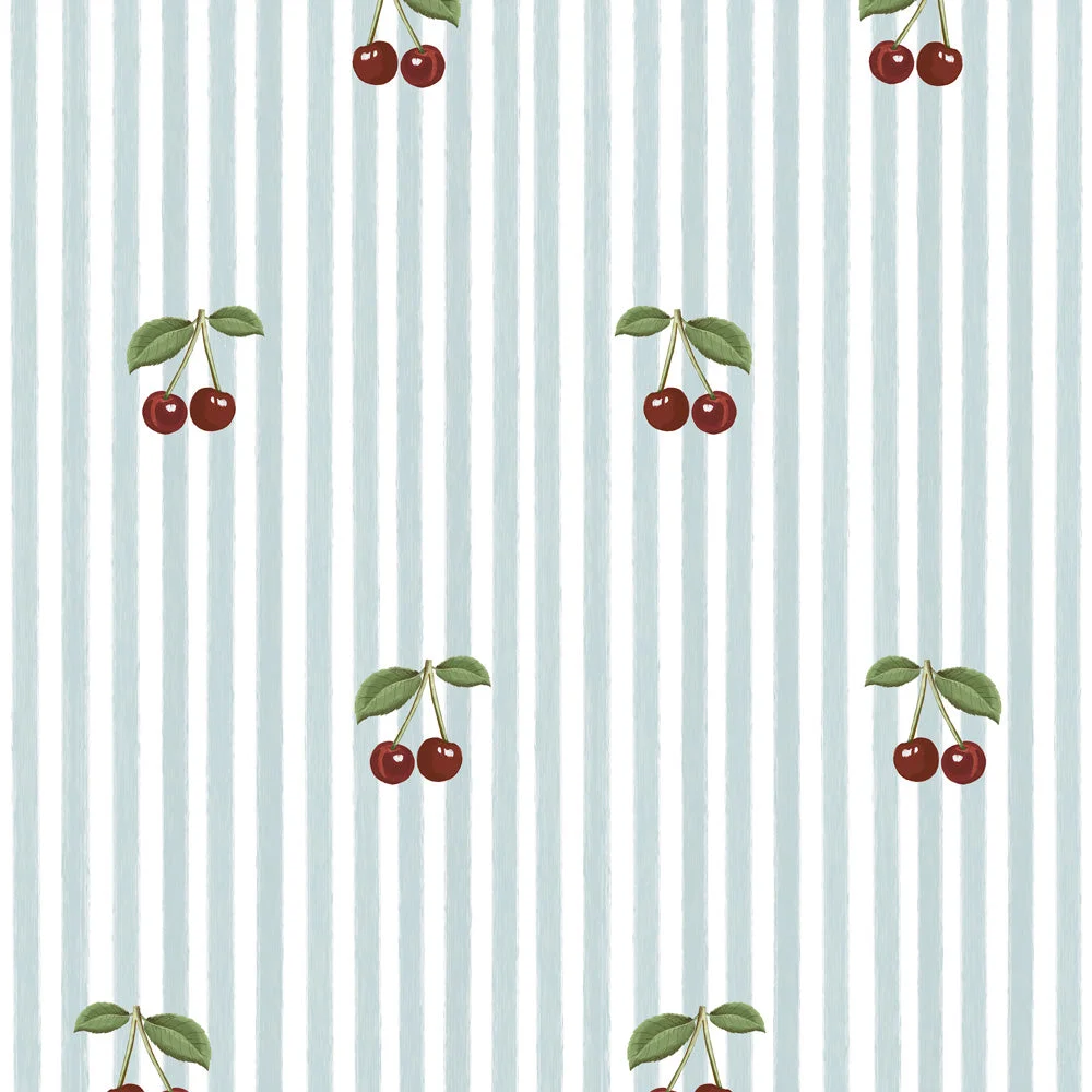 cherries Ταπετσαρία Little Cherries on Blue Stripes - Image 1