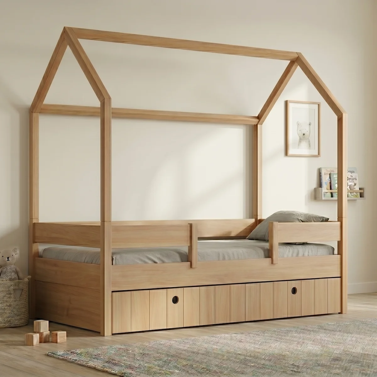 casakids-kiddy-natural-krevati Kiddy Σπιτάκι Κρεβάτι Montessori Natural 3 σε 1 με Αφαιρούμενη Σκεπή - Image 1